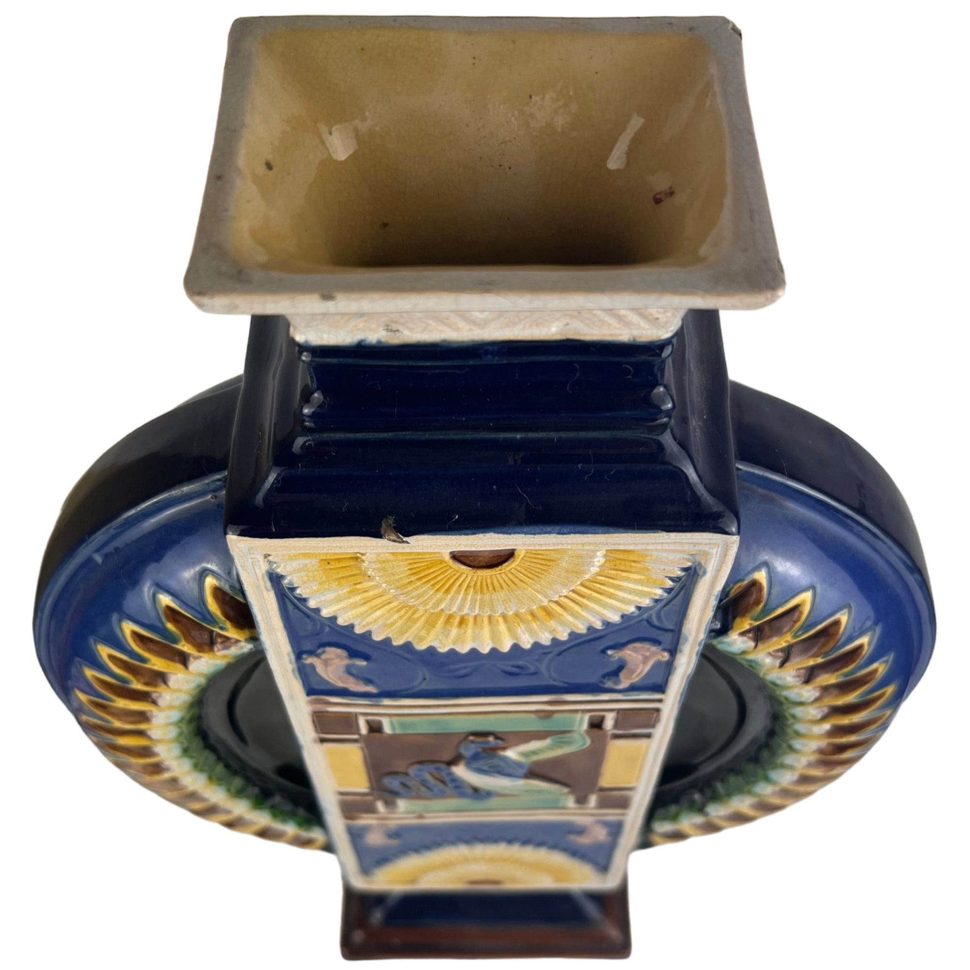 Antique 19th c Egyptian Revival Vase Wilhelm Schiller & Son Bohemian Majolica - Poppy's Vintage Clothing