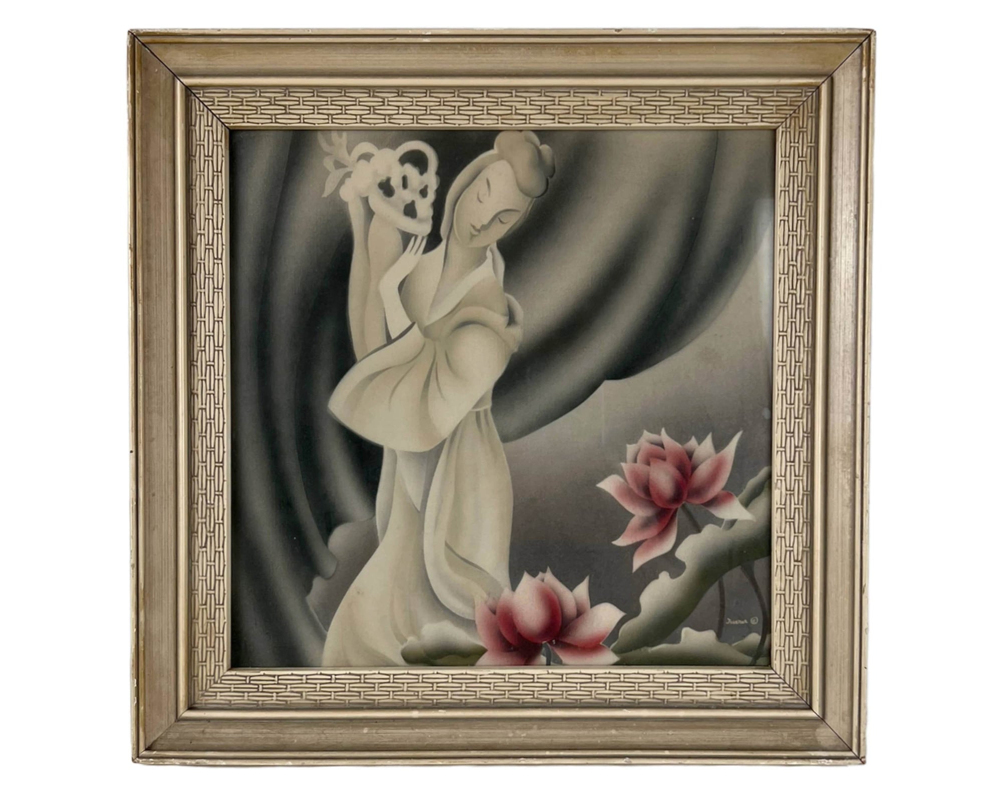 Mid Century Framed Japanese Geisha Floral Print Turner Mfg Co Hollywood Regency - Poppy's Vintage Clothing