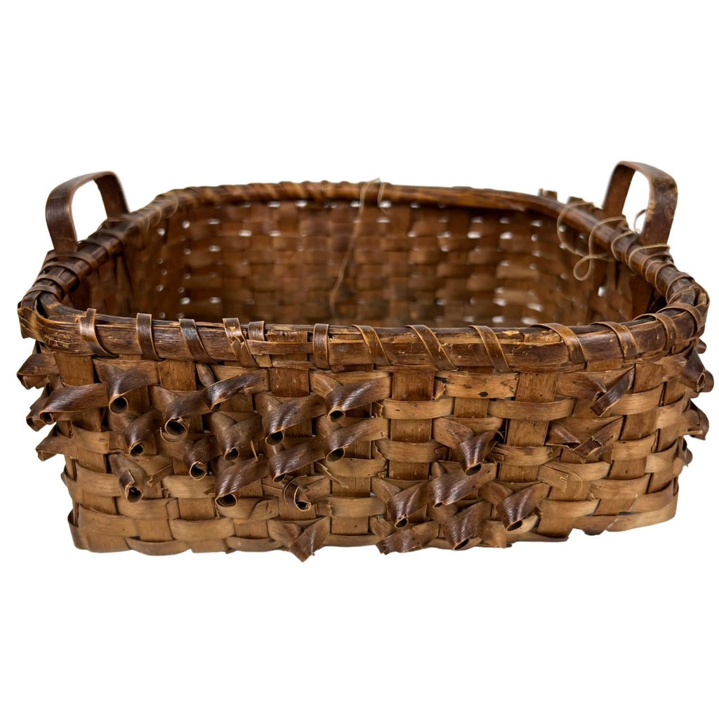 Antique Basket Northeast Native American Handled Curly Splint Algonquin Wabanaki - Poppy's Vintage Clothing