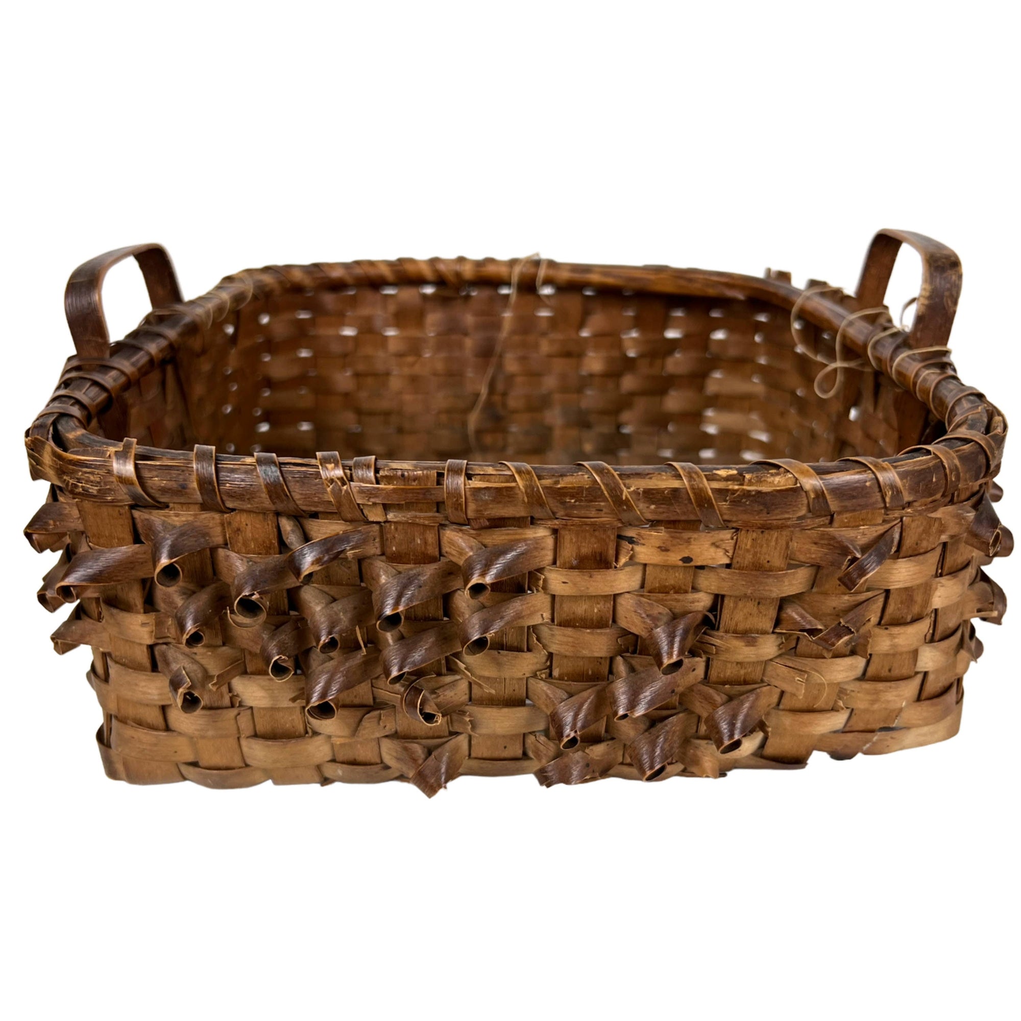 Antique Basket Northeast Native American Handled Curly Splint Algonquin Wabanaki - Poppy's Vintage Clothing