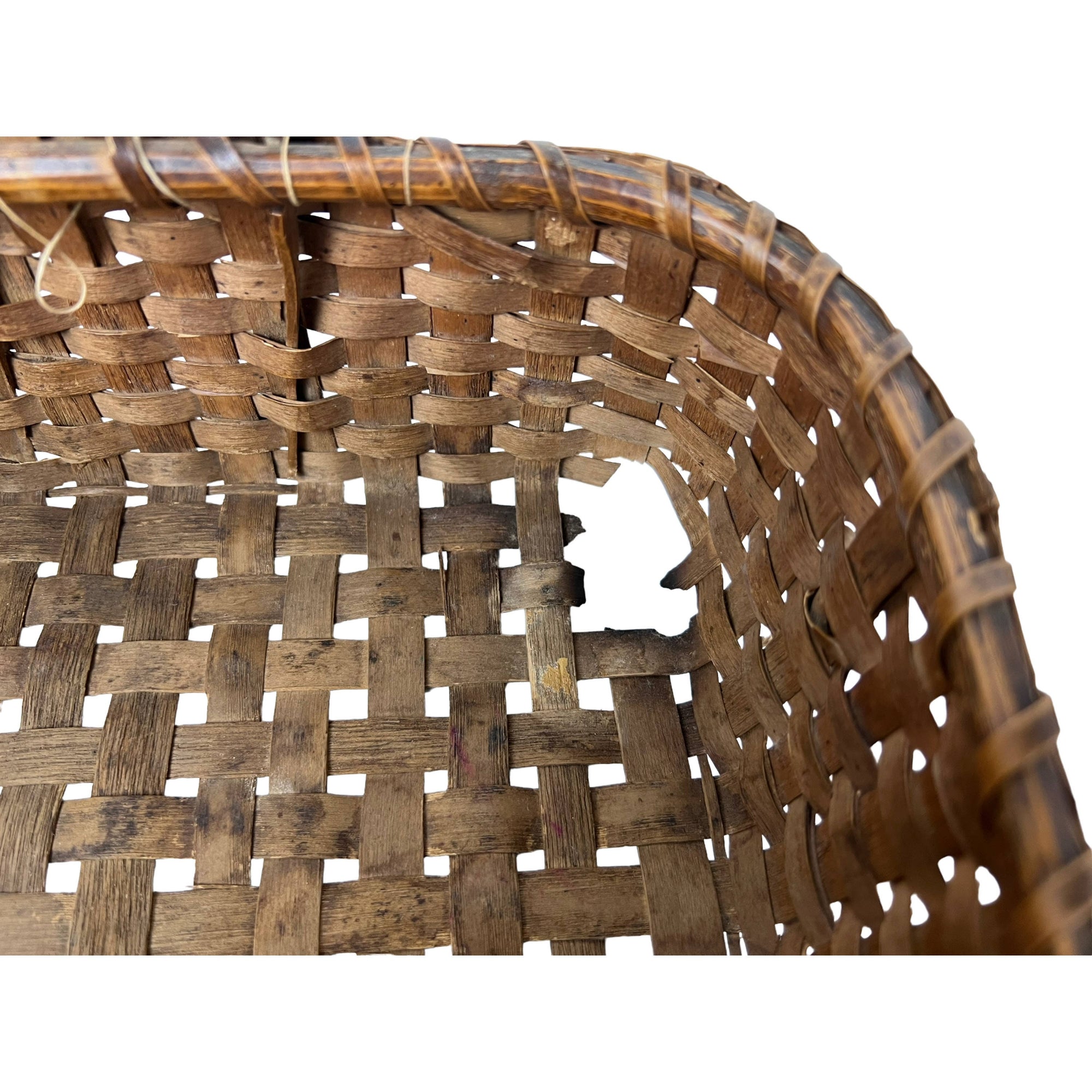 Antique Basket Northeast Native American Handled Curly Splint Algonquin Wabanaki - Poppy's Vintage Clothing