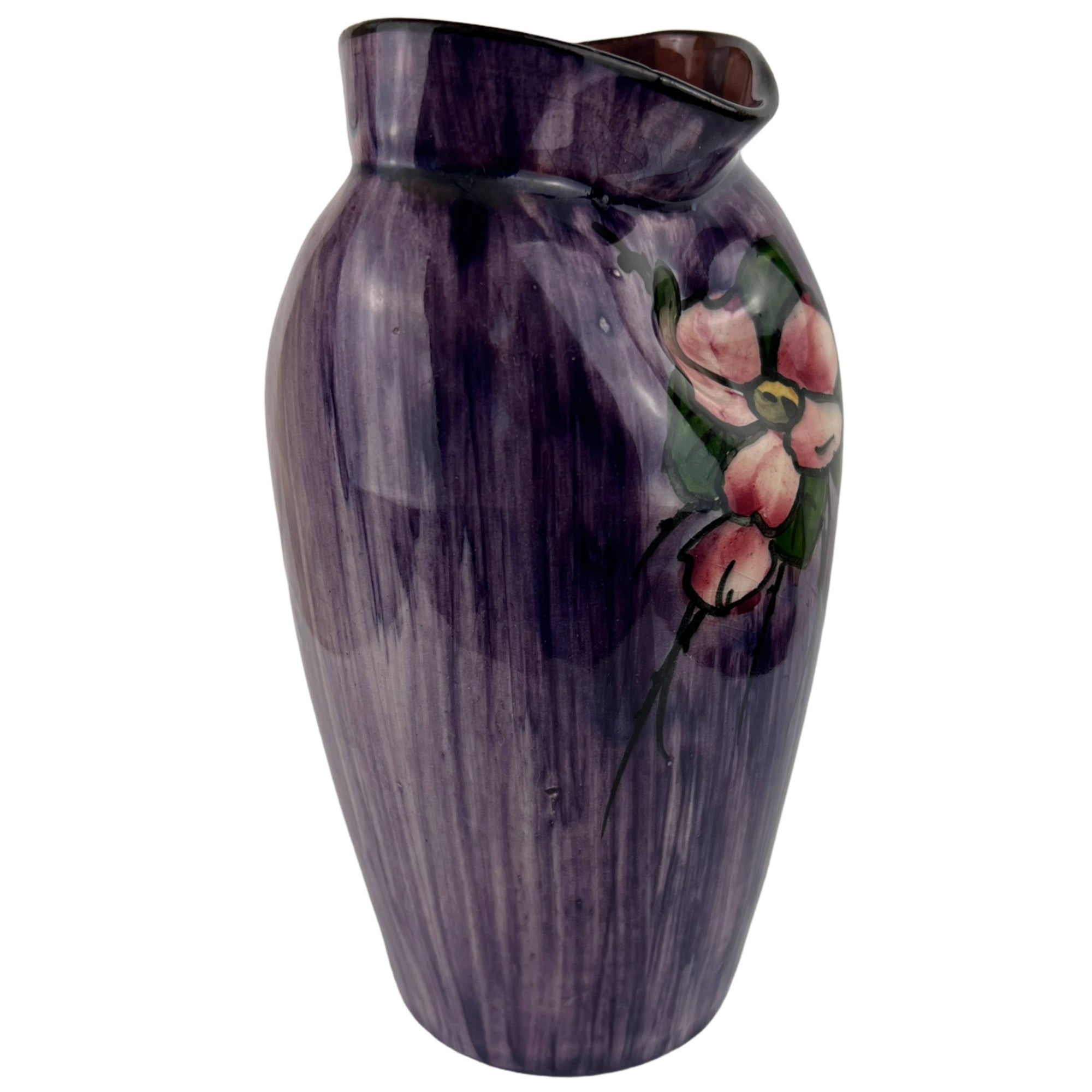 Antique Watcombe Torquay Pinched Pottery Vase Flower Design on Purple - Poppy's Vintage Clothing