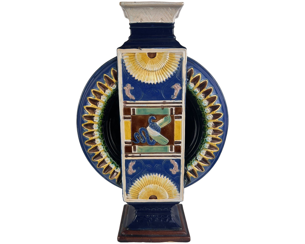 Antique 19th c Egyptian Revival Vase Wilhelm Schiller & Son Bohemian Majolica - Poppy's Vintage Clothing
