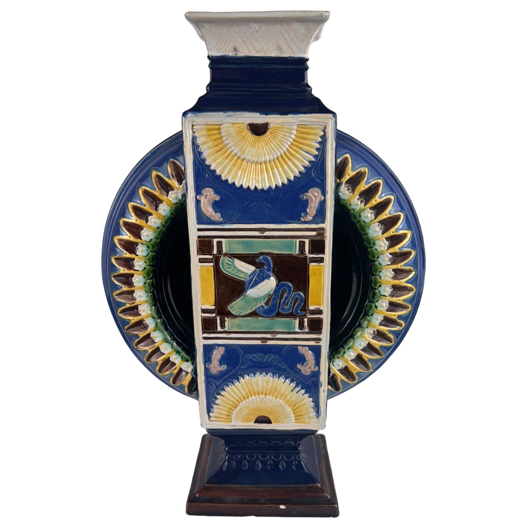 Antique 19th c Egyptian Revival Vase Wilhelm Schiller & Son Bohemian Majolica - Poppy's Vintage Clothing