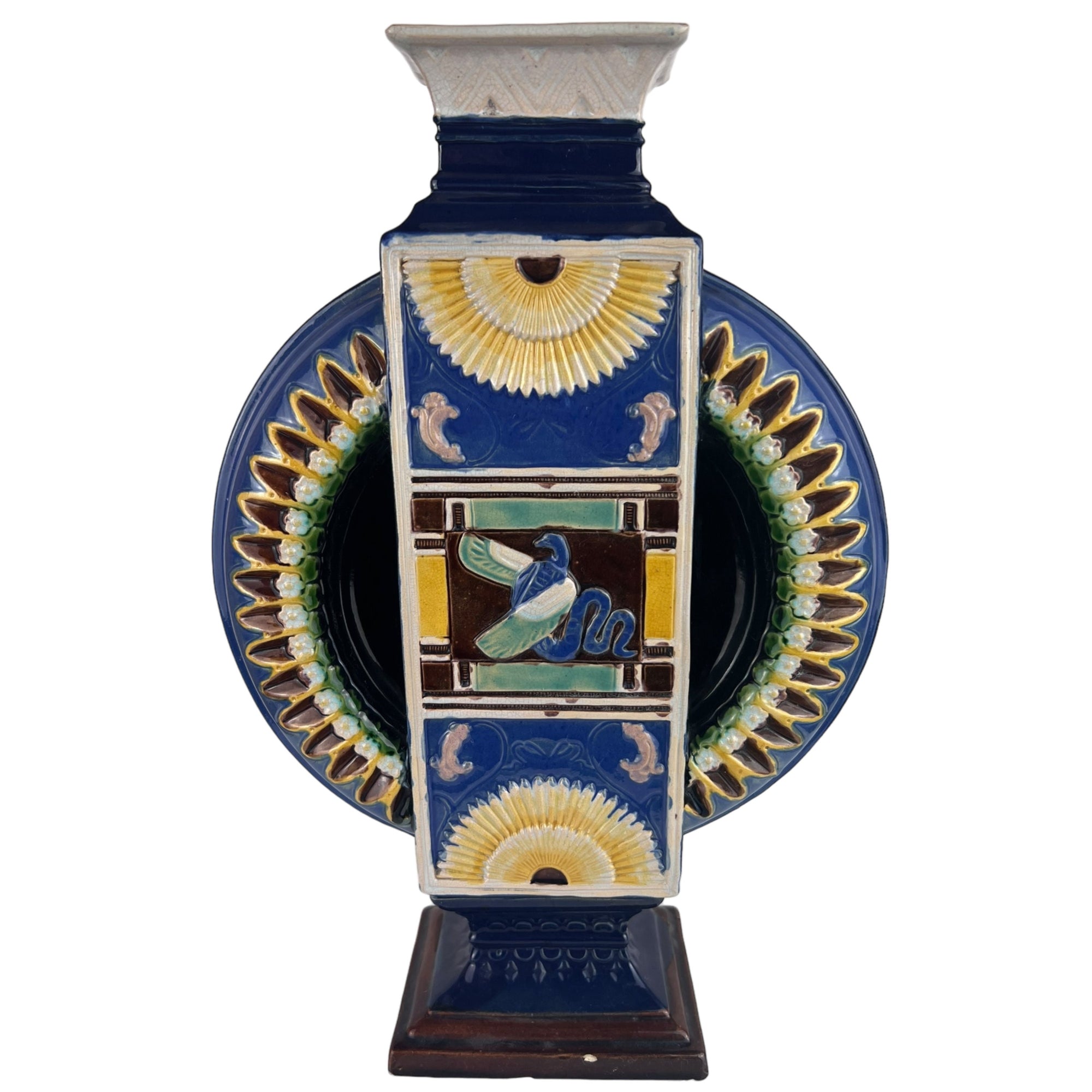 Antique 19th c Egyptian Revival Vase Wilhelm Schiller & Son Bohemian Majolica - Poppy's Vintage Clothing