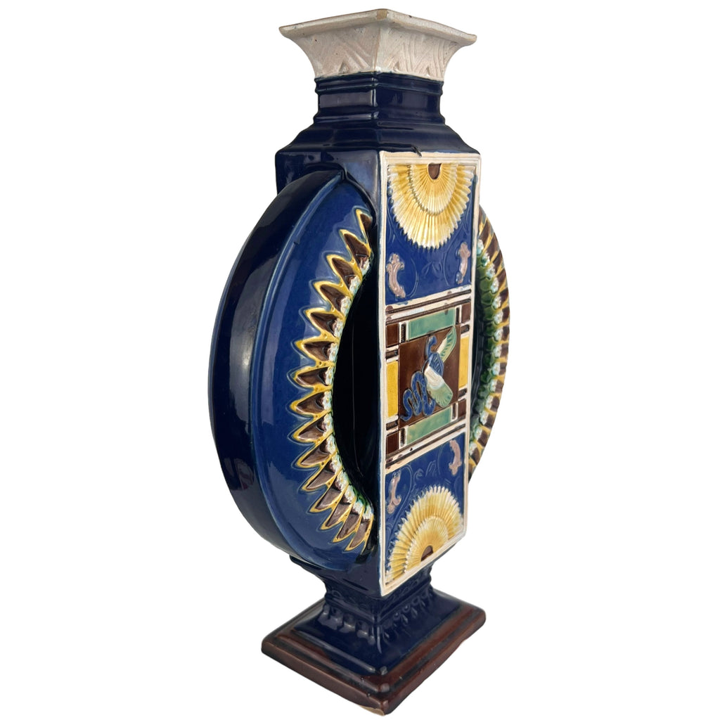 Antique 19th c Egyptian Revival Vase Wilhelm Schiller & Son Bohemian Majolica - Poppy's Vintage Clothing