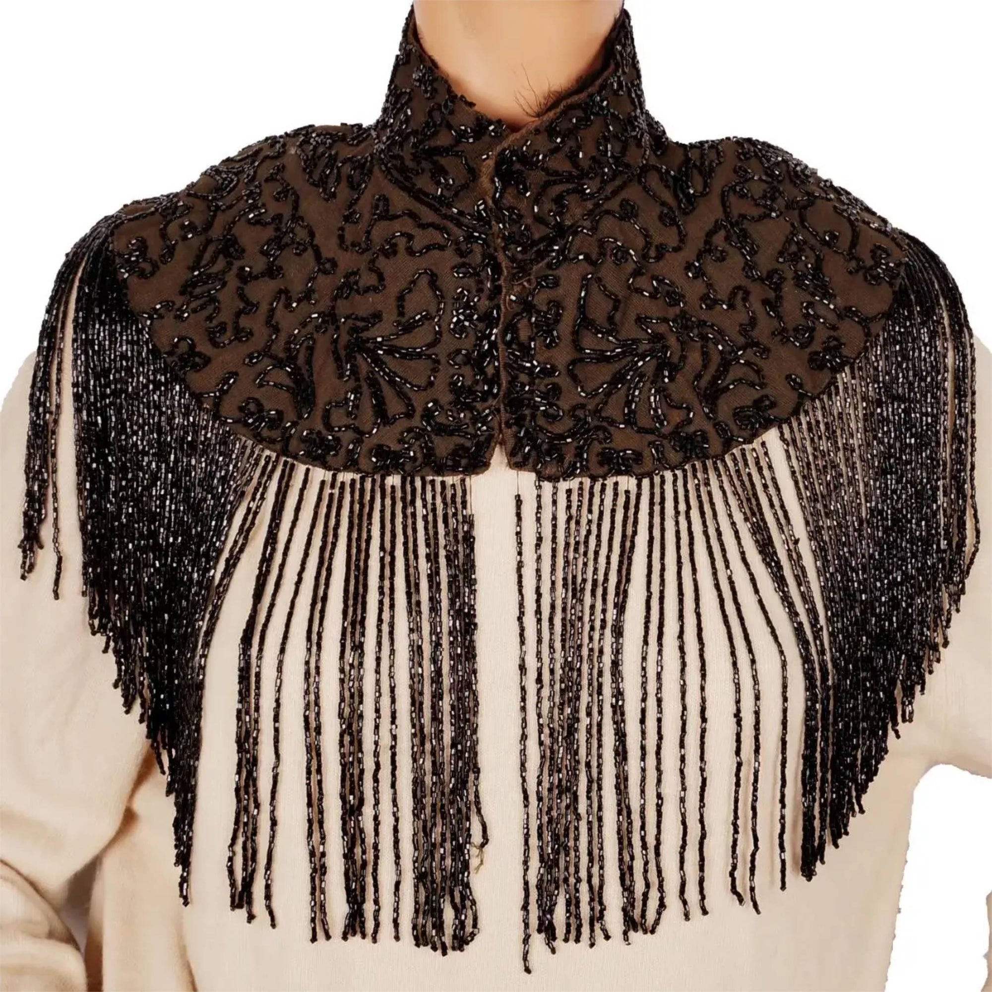 Antique Victorian Mourning Mantle Jet Bead Fringed Black Mantelet or Capelet - Poppy's Vintage Clothing