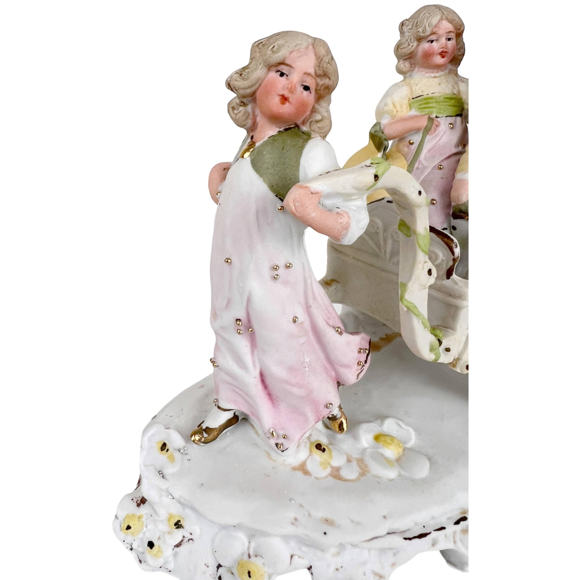 Antique Victorian Bisque Porcelain Figurine Children in Carriage - Poppy's Vintage Clothing