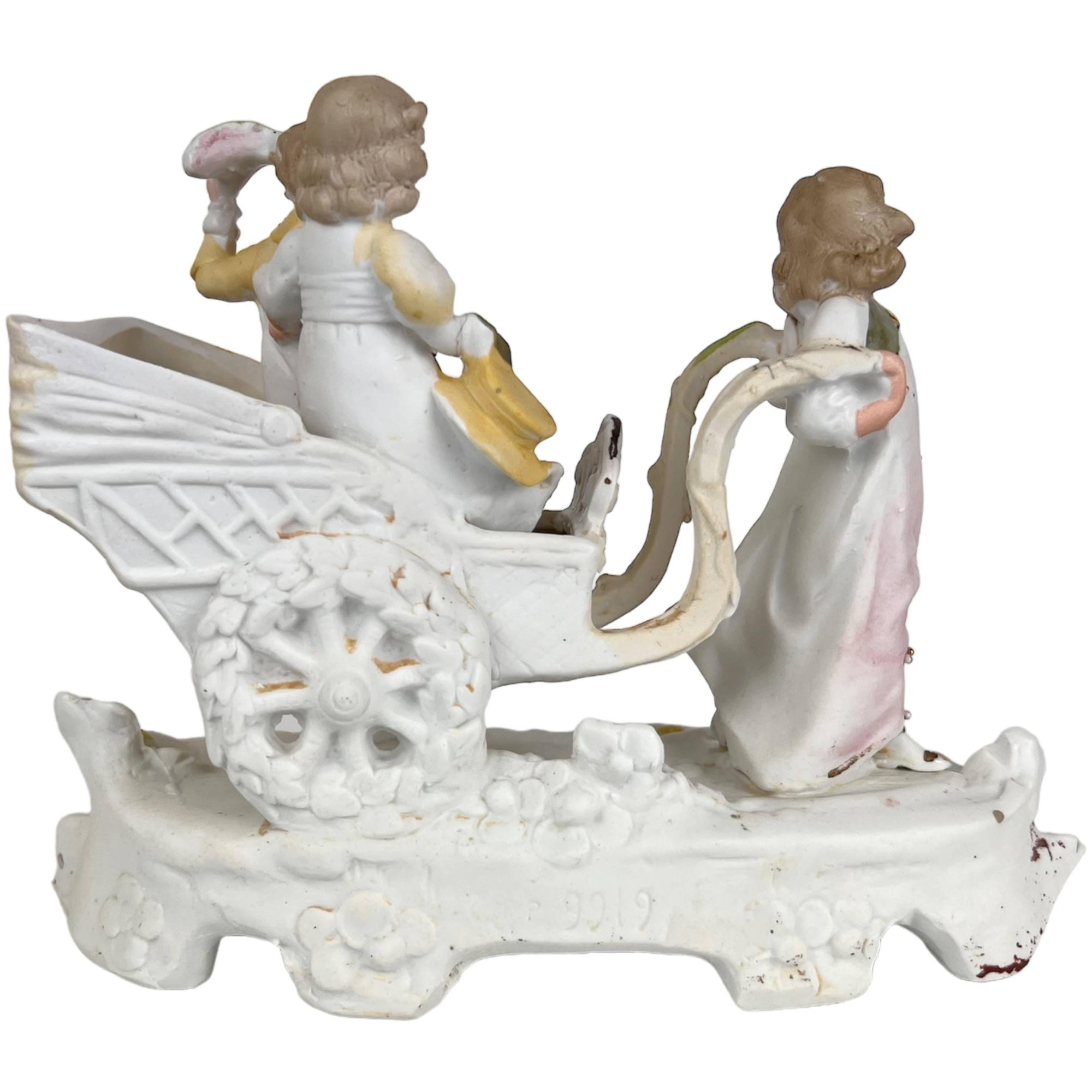 Antique Victorian Bisque Porcelain Figurine Children in Carriage - Poppy's Vintage Clothing