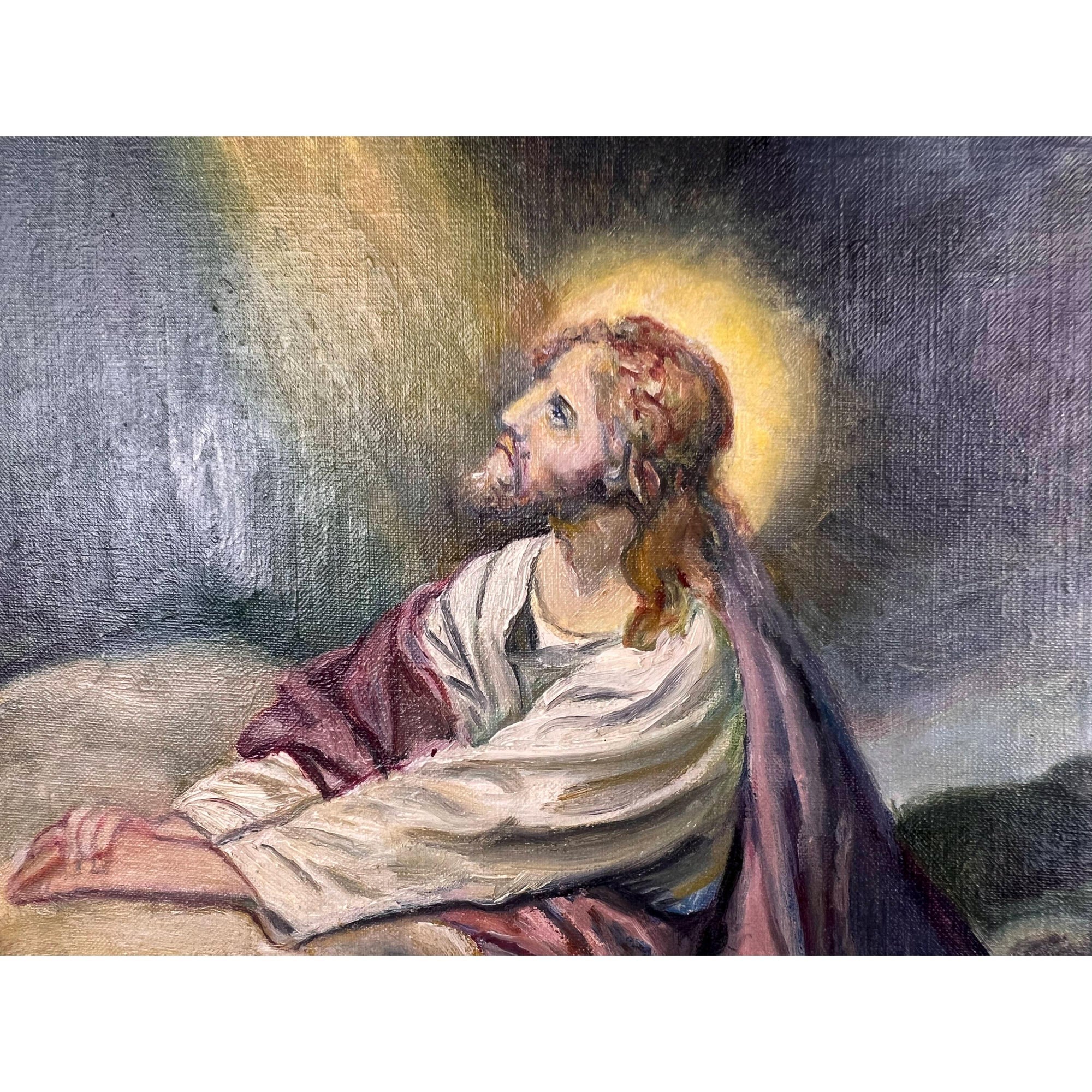 Vintage Oil Painting Jesus Christ Praying in the Garden of Gethsemane c1930s - Poppy's Vintage Clothing