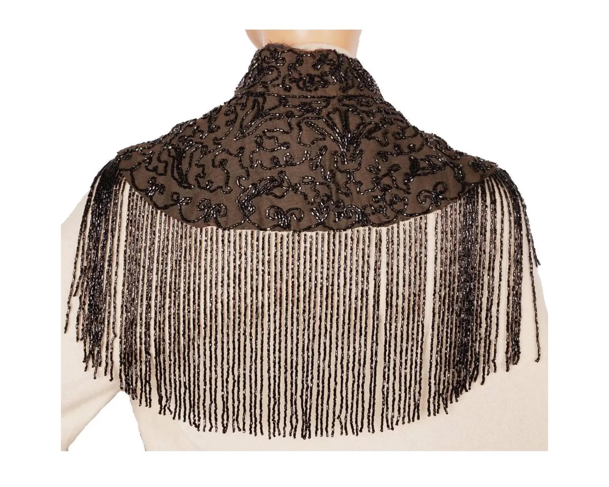 Antique Victorian Mourning Mantle Jet Bead Fringed Black Mantelet or Capelet - Poppy's Vintage Clothing