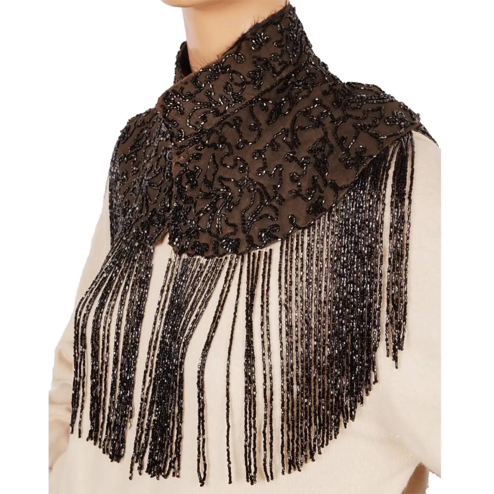 Antique Victorian Mourning Mantle Jet Bead Fringed Black Mantelet or Capelet - Poppy's Vintage Clothing
