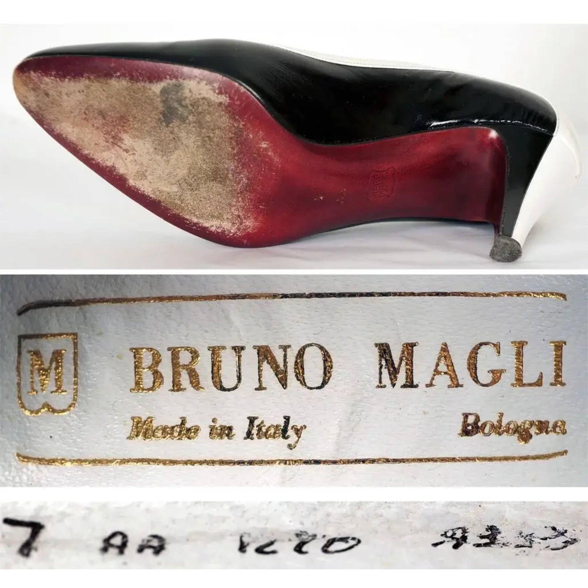 Vintage 1980s Bruno Magli Shoes Black & White Pumps Size 7AA - Poppy's Vintage Clothing