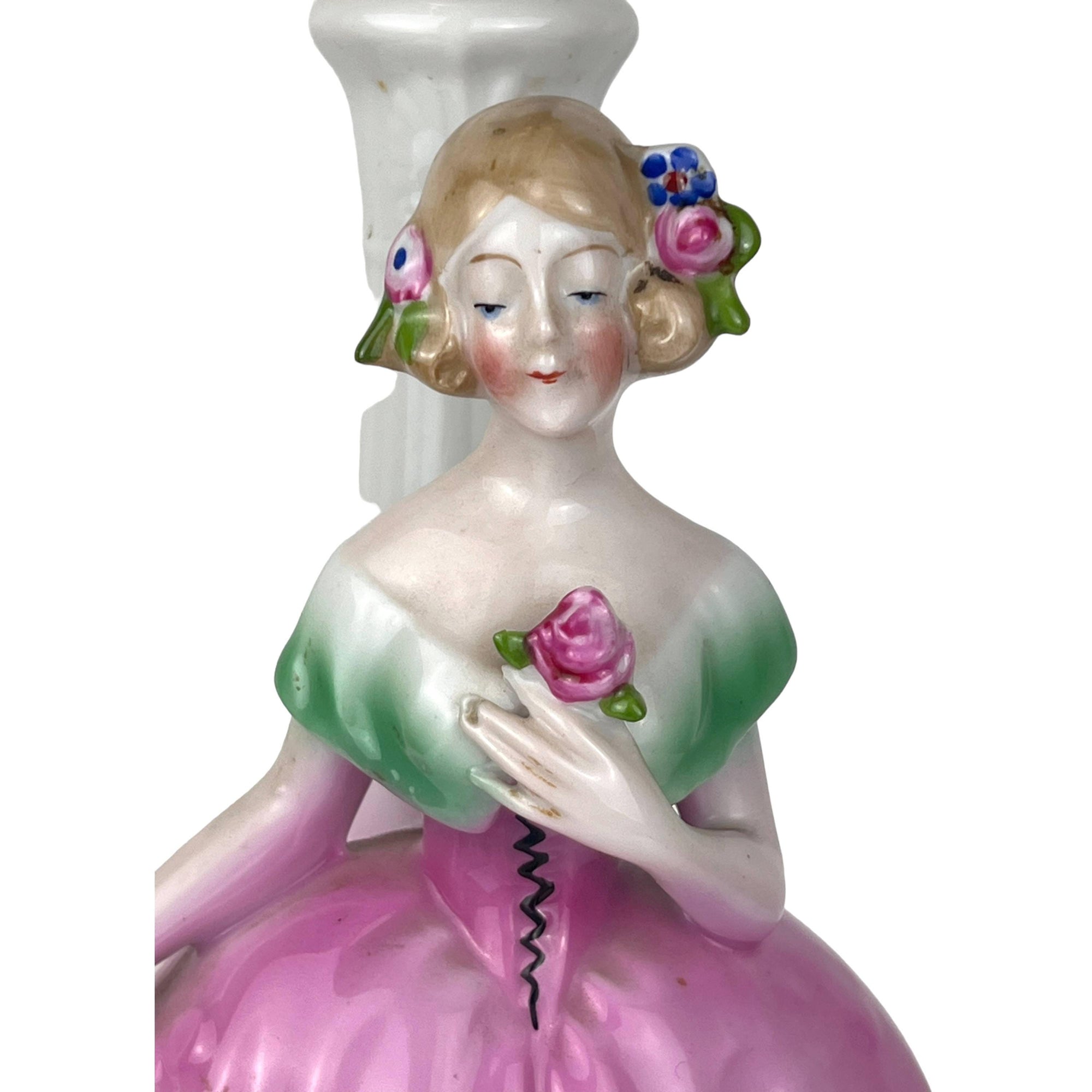 1920s Art Deco Figural Boudoir Lamp Ceramic Lady Holding Flower Figurine - Poppy's Vintage Clothing
