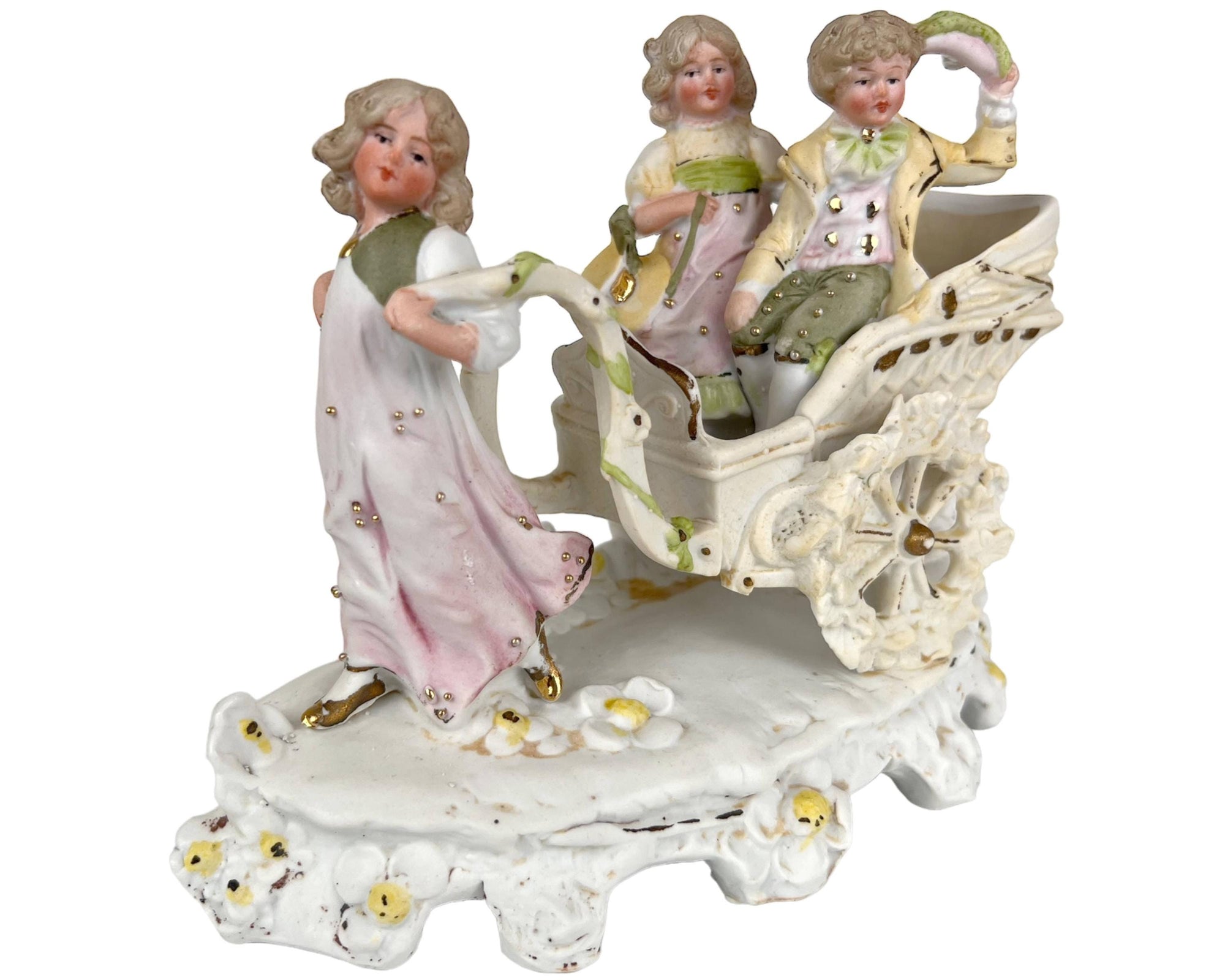 Antique Victorian Bisque Porcelain Figurine Children in Carriage - Poppy's Vintage Clothing