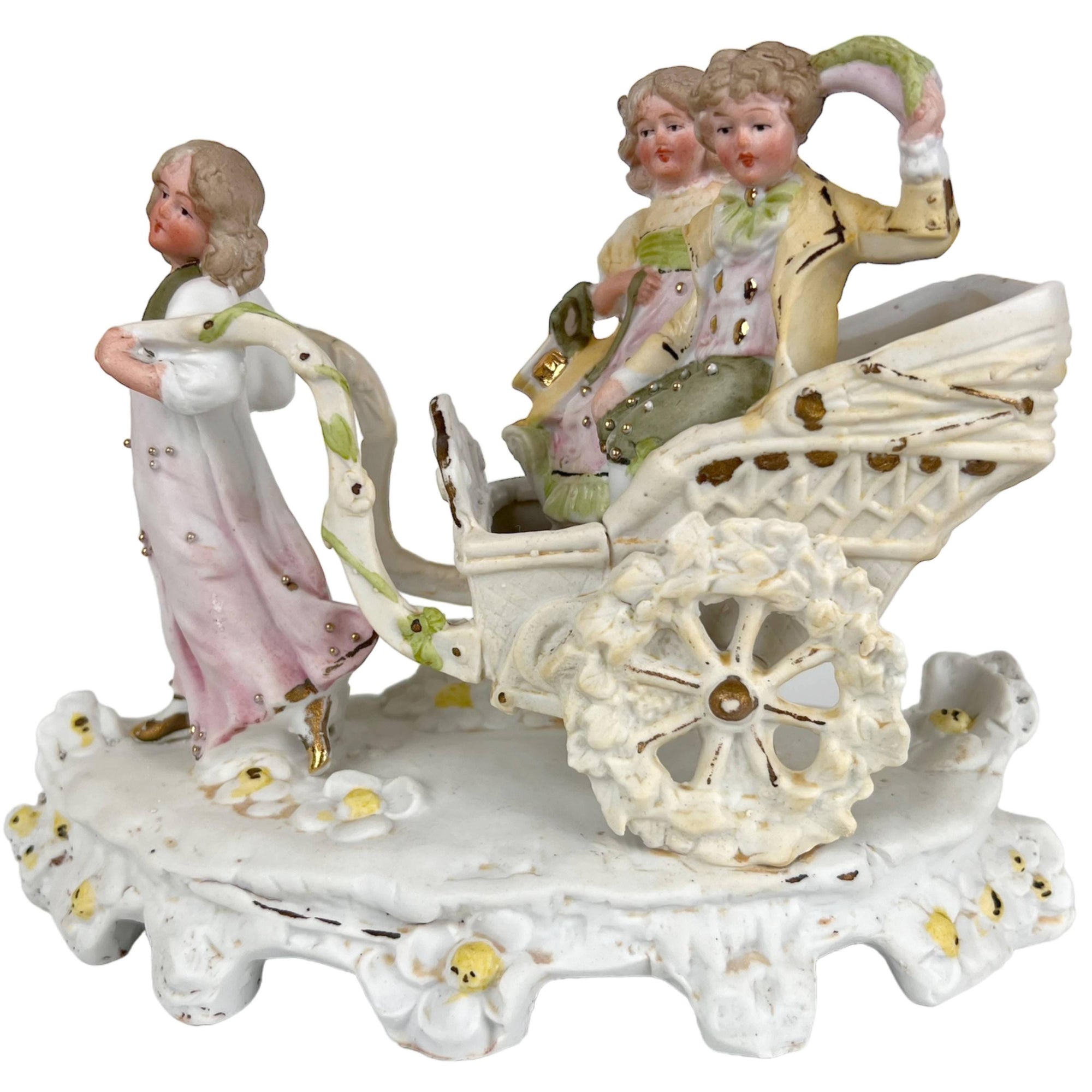 Antique Victorian Bisque Porcelain Figurine Children in Carriage - Poppy's Vintage Clothing
