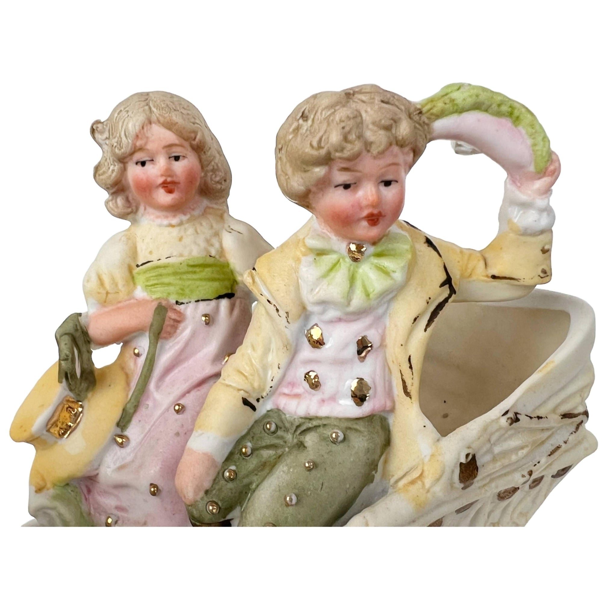 Antique Victorian Bisque Porcelain Figurine Children in Carriage - Poppy's Vintage Clothing