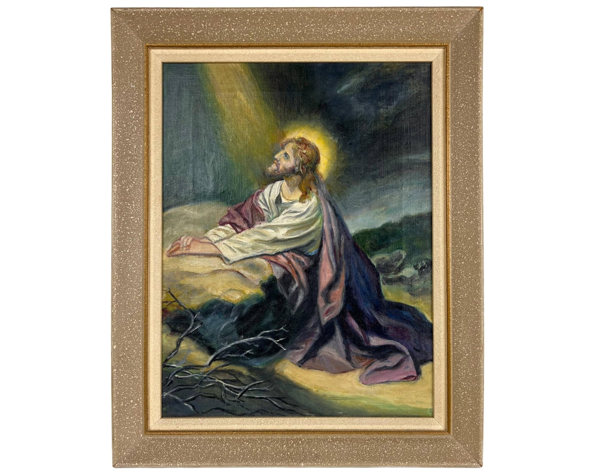 Vintage Oil Painting Jesus Christ Praying in the Garden of Gethsemane c1930s - Poppy's Vintage Clothing