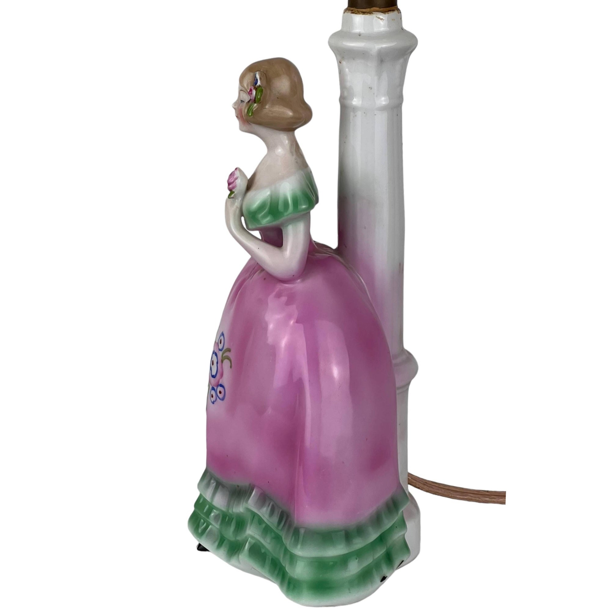 1920s Art Deco Figural Boudoir Lamp Ceramic Lady Holding Flower Figurine - Poppy's Vintage Clothing