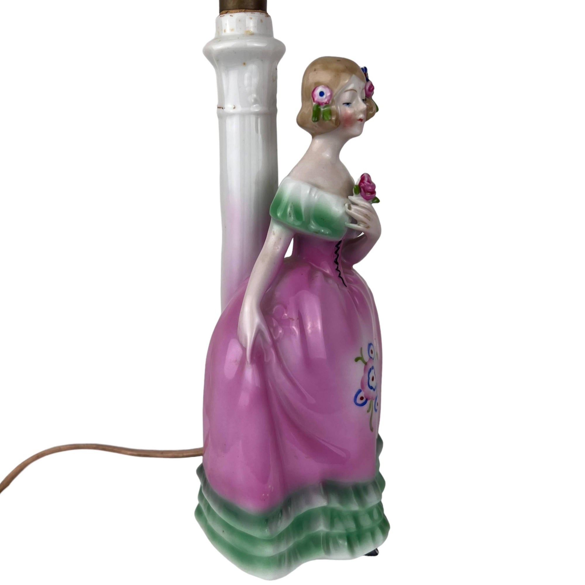 1920s Art Deco Figural Boudoir Lamp Ceramic Lady Holding Flower Figurine - Poppy's Vintage Clothing