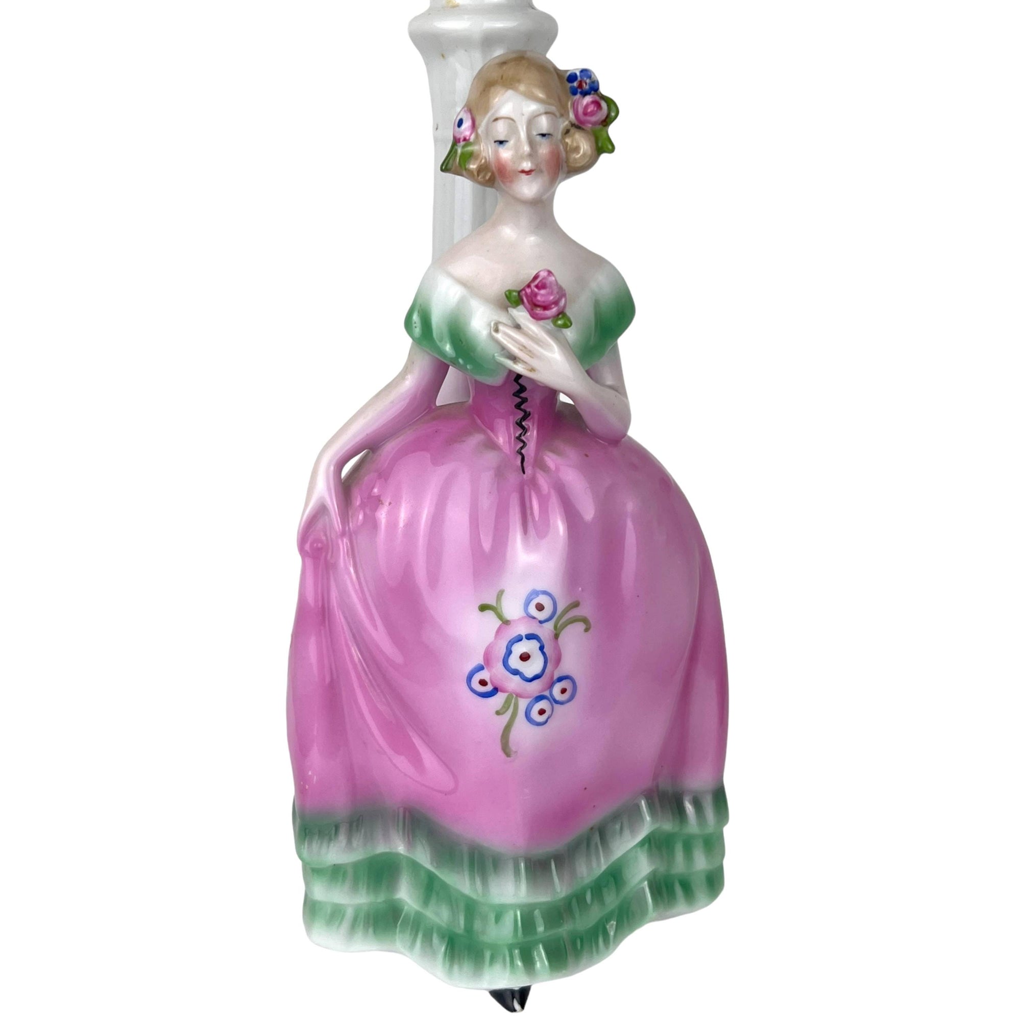 1920s Art Deco Figural Boudoir Lamp Ceramic Lady Holding Flower Figurine - Poppy's Vintage Clothing