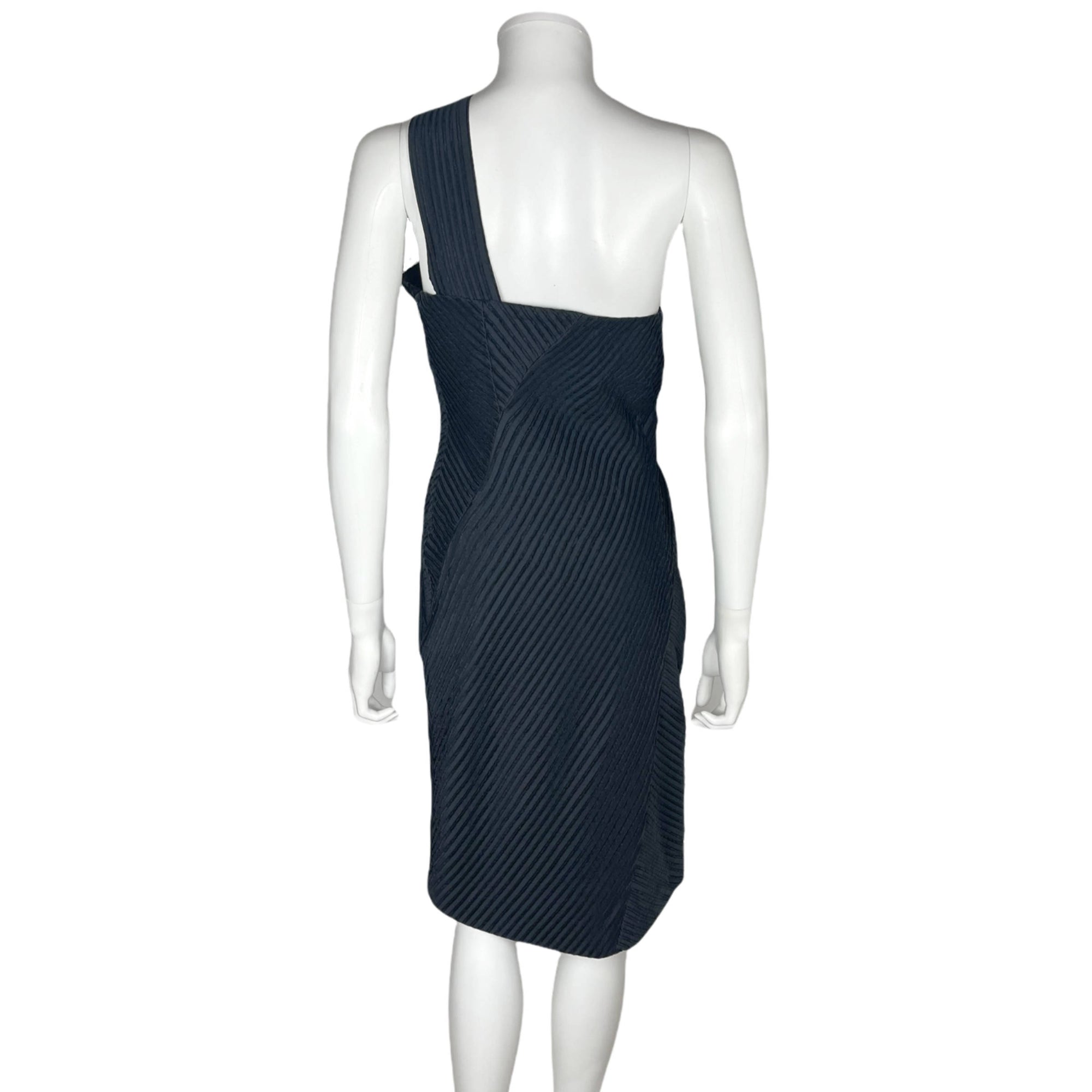 Vintage 1960s Cocktail Dress One Shoulder Ribbed Black Silk Size M
