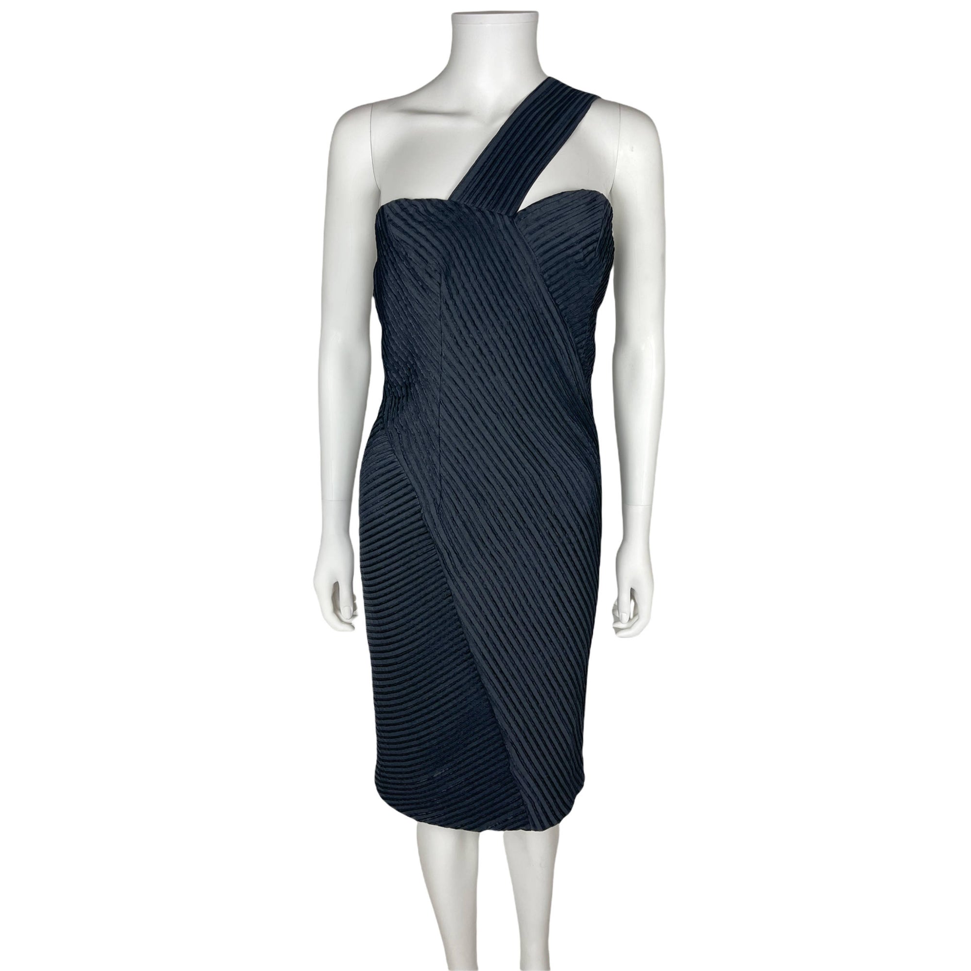 Vintage 1960s Cocktail Dress One Shoulder Ribbed Black Silk Size M