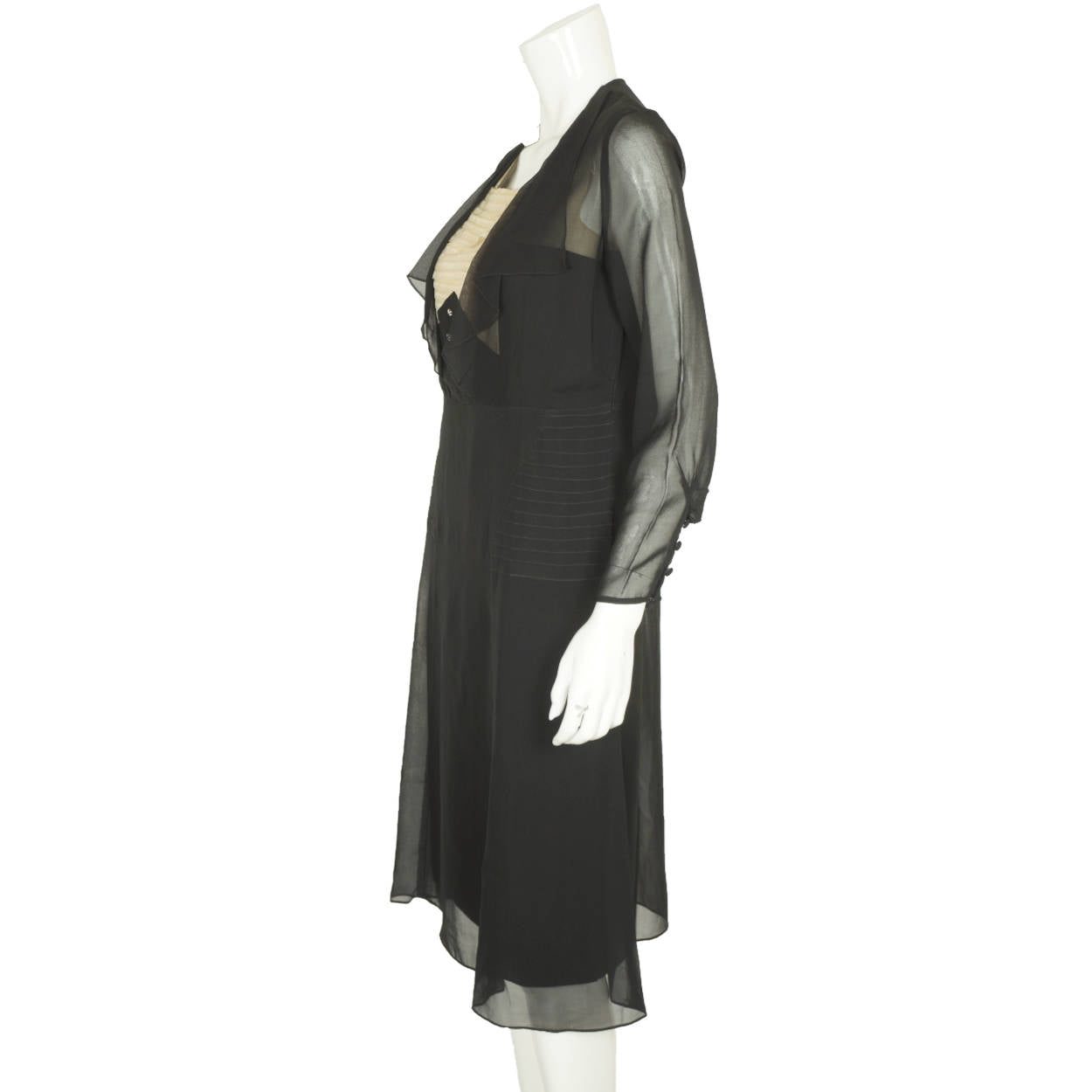 Vintage 1920s Black Silk Chiffon Day Dress with Lace Bib Size Medium - Poppy's Vintage Clothing