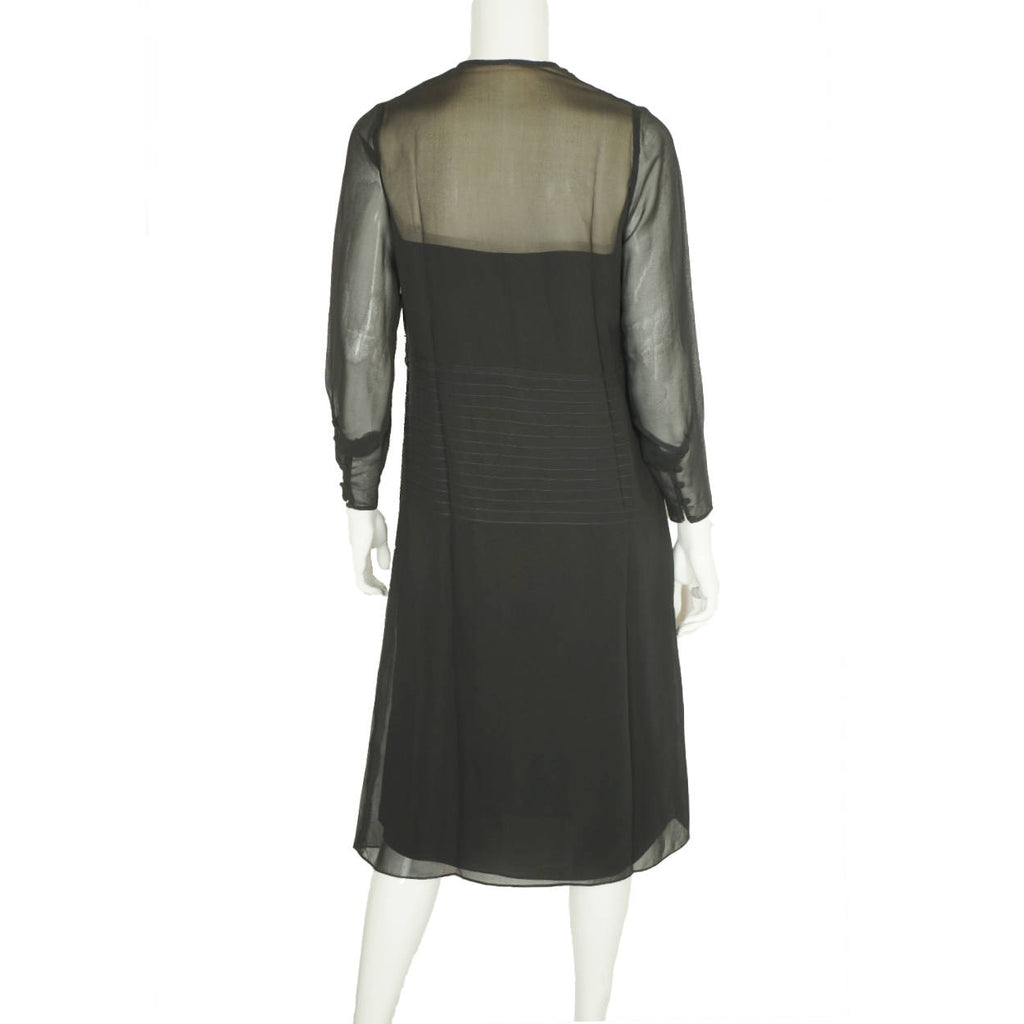 Vintage 1920s Black Silk Chiffon Day Dress with Lace Bib Size Medium - Poppy's Vintage Clothing