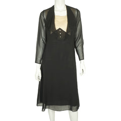 Vintage 1920s Black Silk Chiffon Day Dress with Lace Bib Size Medium - Poppy's Vintage Clothing