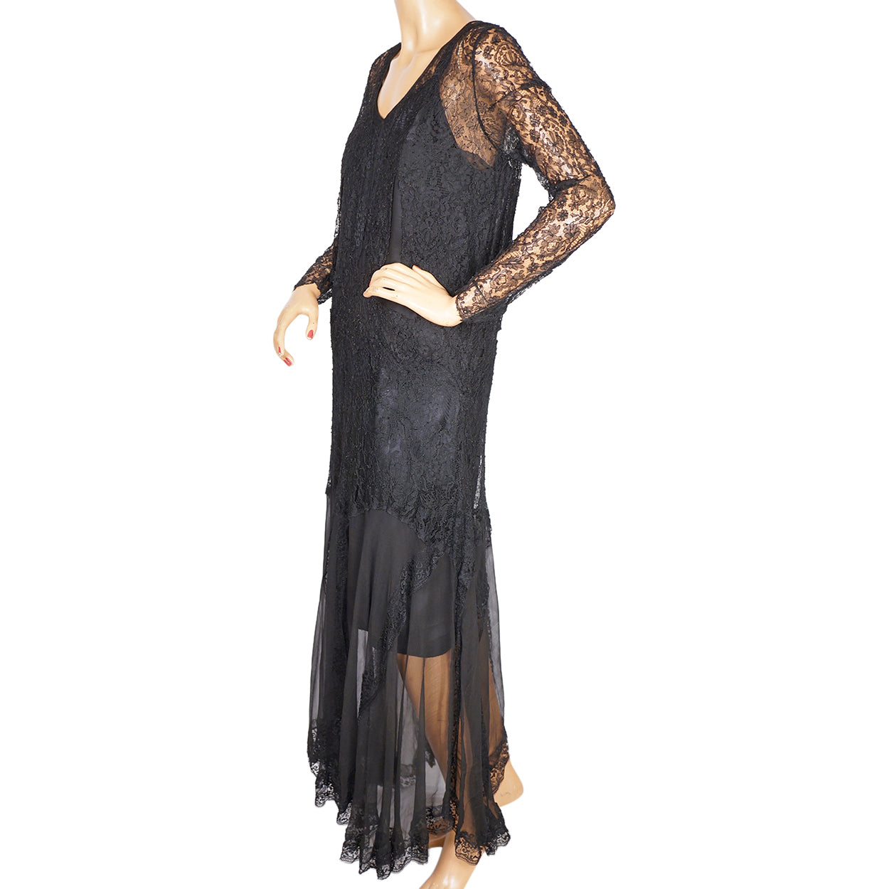 Vintage 1920s Evening Gown Black Lace and Silk Chiffon Dress Size Medium - Poppy's Vintage Clothing