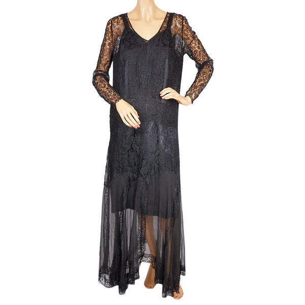 Vintage 1920s Evening Gown Black Lace and Silk Chiffon Dress Size Medium - Poppy's Vintage Clothing