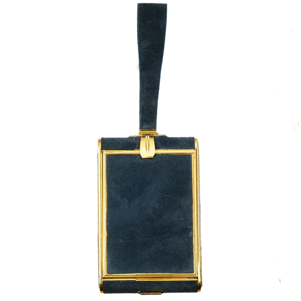 Vintage 1940s Wristlet Compact Purse Blue Suede & Gold Metal w Many Compartments - Poppy's Vintage Clothing