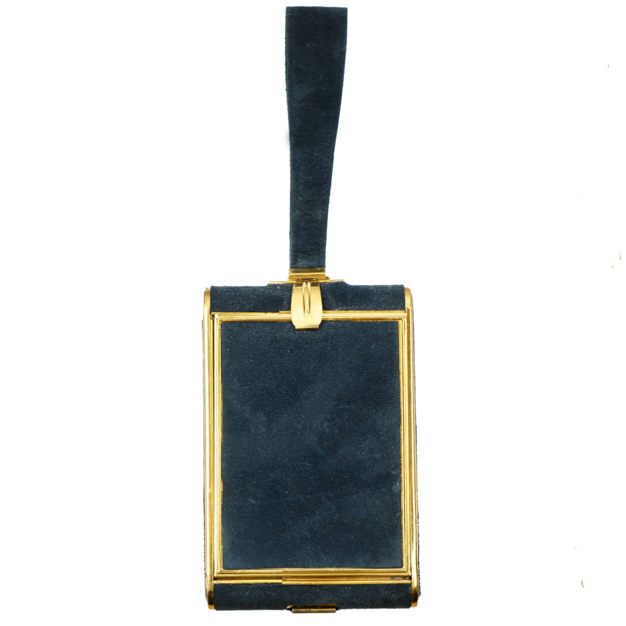 Vintage 1940s Wristlet Compact Purse Blue Suede & Gold Metal w Many Compartments - Poppy's Vintage Clothing