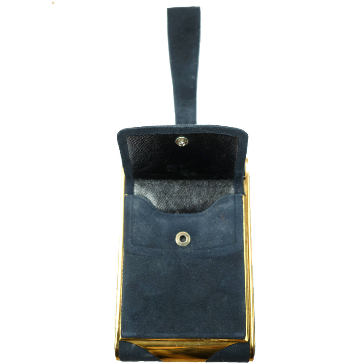 Vintage 1940s Wristlet Compact Purse Blue Suede & Gold Metal w Many Compartments - Poppy's Vintage Clothing