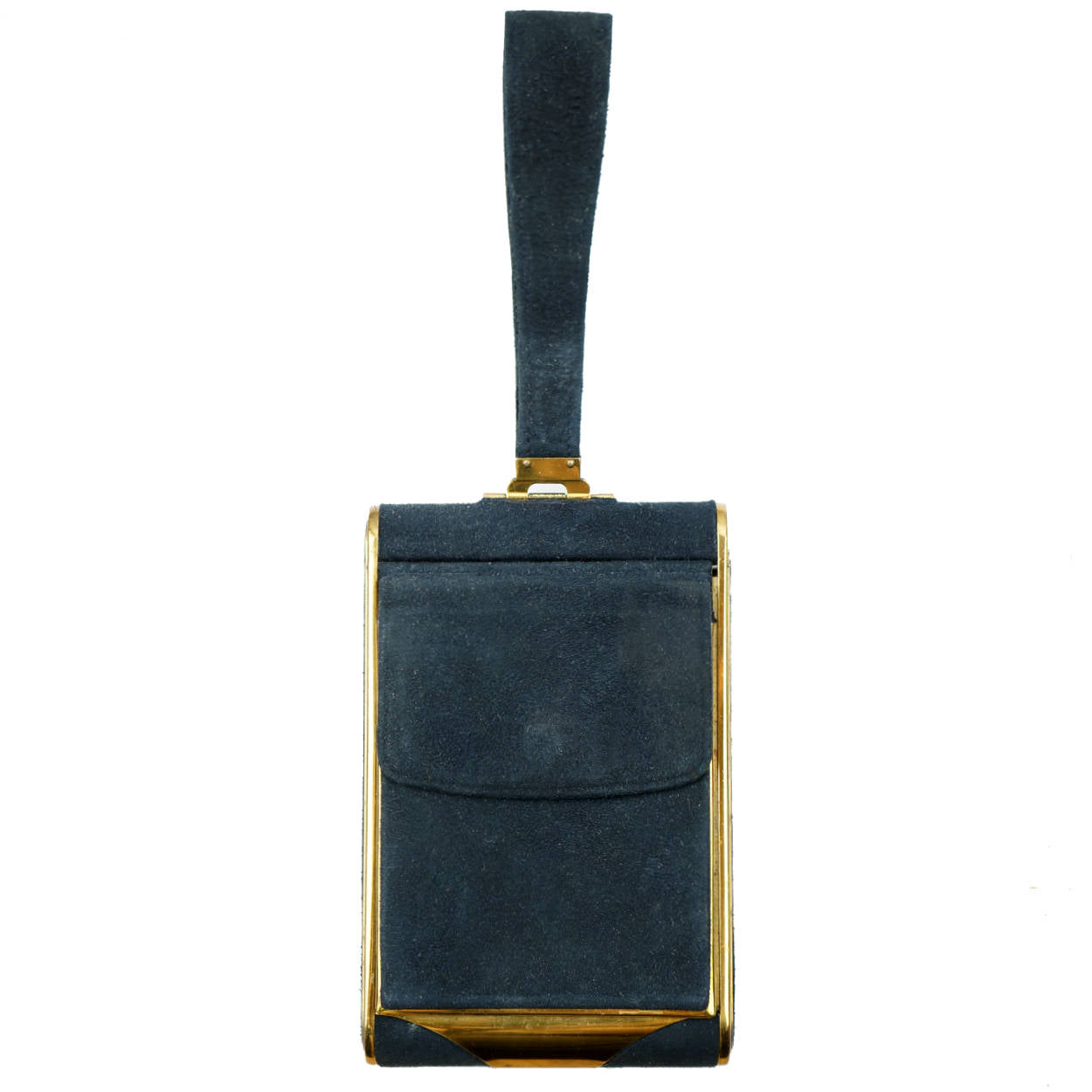 Vintage 1940s Wristlet Compact Purse Blue Suede & Gold Metal w Many Compartments - Poppy's Vintage Clothing