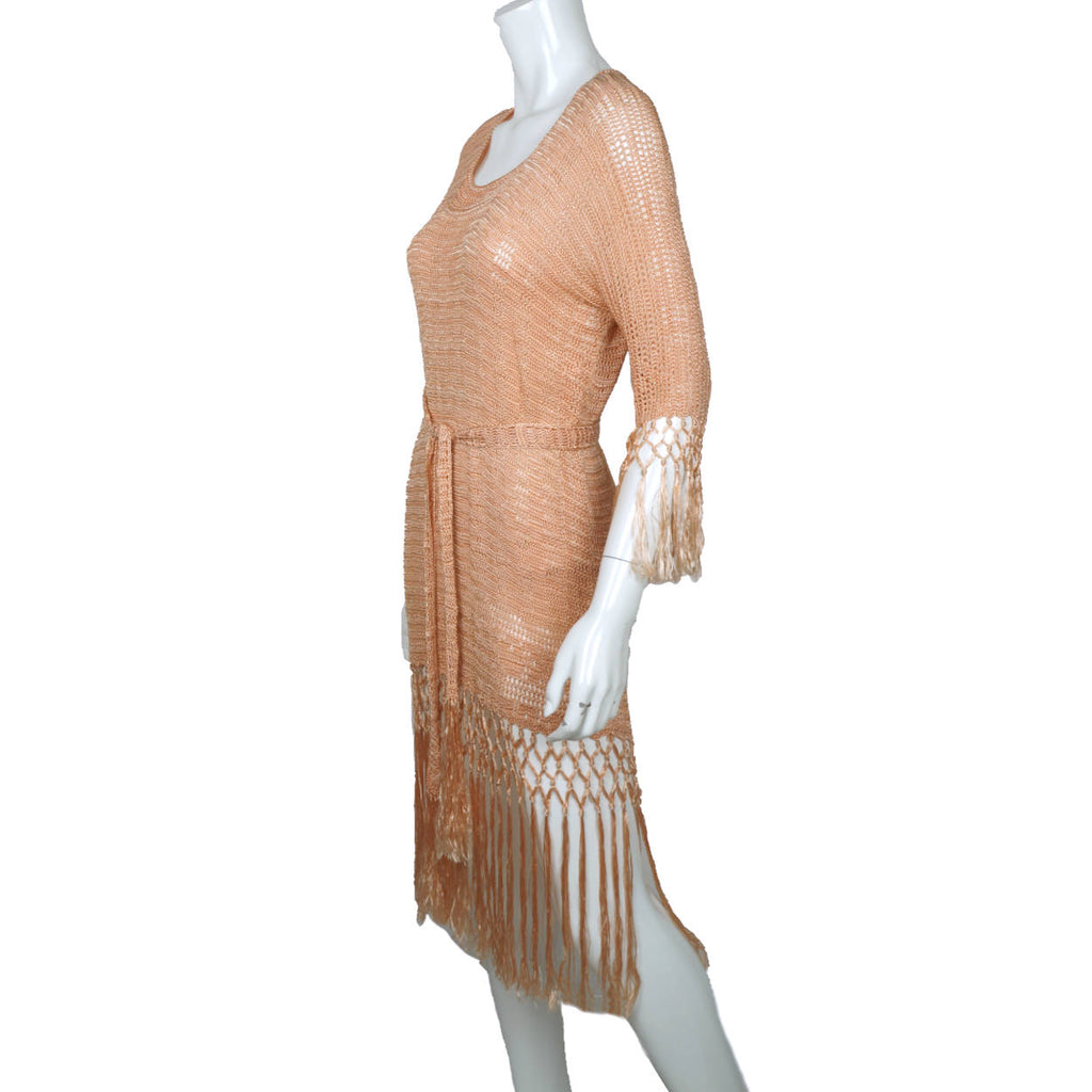 Vintage 1920s Silk Crochet Lace Knit Dress Pink Fringed Flapper Style Size M - Poppy's Vintage Clothing
