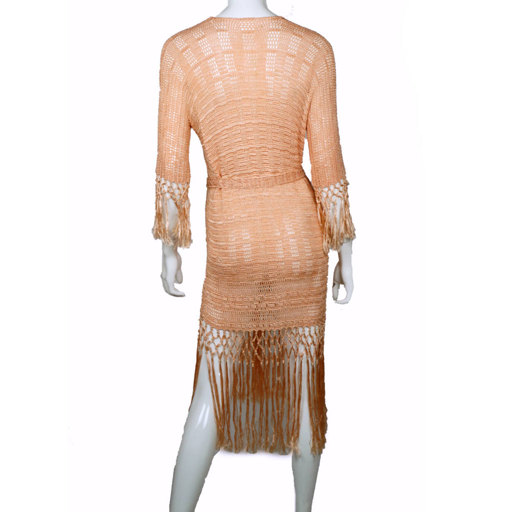 Vintage 1920s Silk Crochet Lace Knit Dress Pink Fringed Flapper Style Size M - Poppy's Vintage Clothing