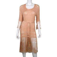 Vintage 1920s Silk Crochet Lace Knit Dress Pink Fringed Flapper Style Size M - Poppy's Vintage Clothing