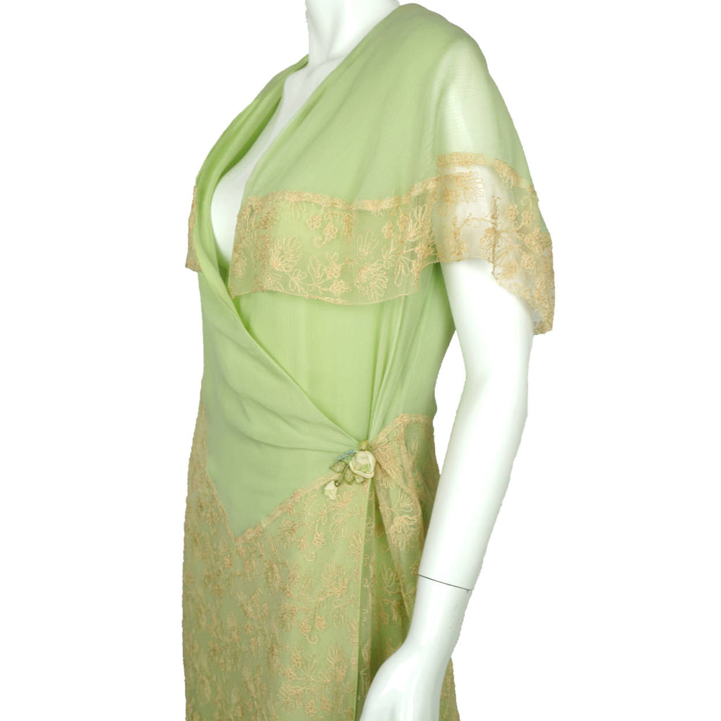 Vintage 1920s Green Chiffon Silk &amp; Lace Peignoir Dress Flapper Style Size M - Poppy's Vintage Clothing