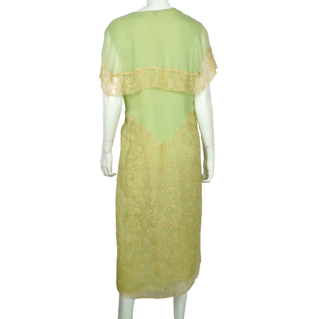 Vintage 1920s Green Chiffon Silk &amp; Lace Peignoir Dress Flapper Style Size M - Poppy's Vintage Clothing