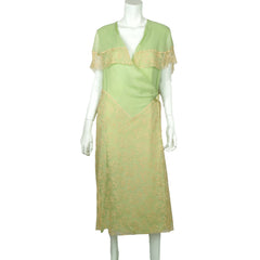 Vintage 1920s Green Chiffon Silk &amp; Lace Peignoir Dress Flapper Style Size M - Poppy's Vintage Clothing