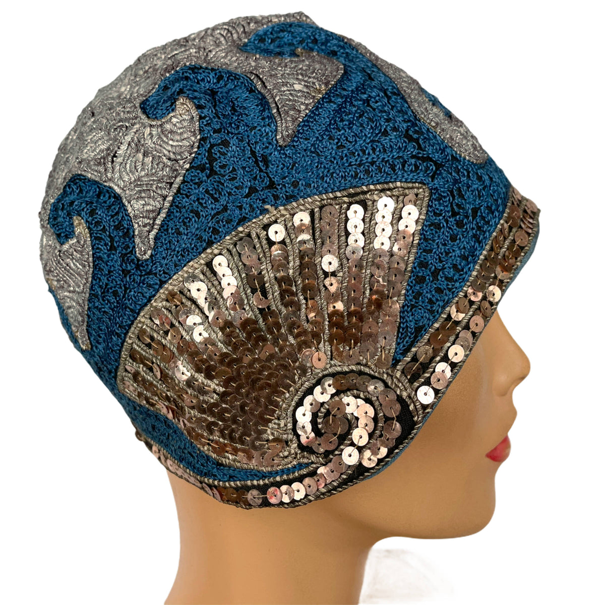 Vintage Antique 1920 Sequin Flower Lace Flapper Cloche Hat Vintage 1920s Brown Silk Cloche Hat, with issues, Lace  main image 3