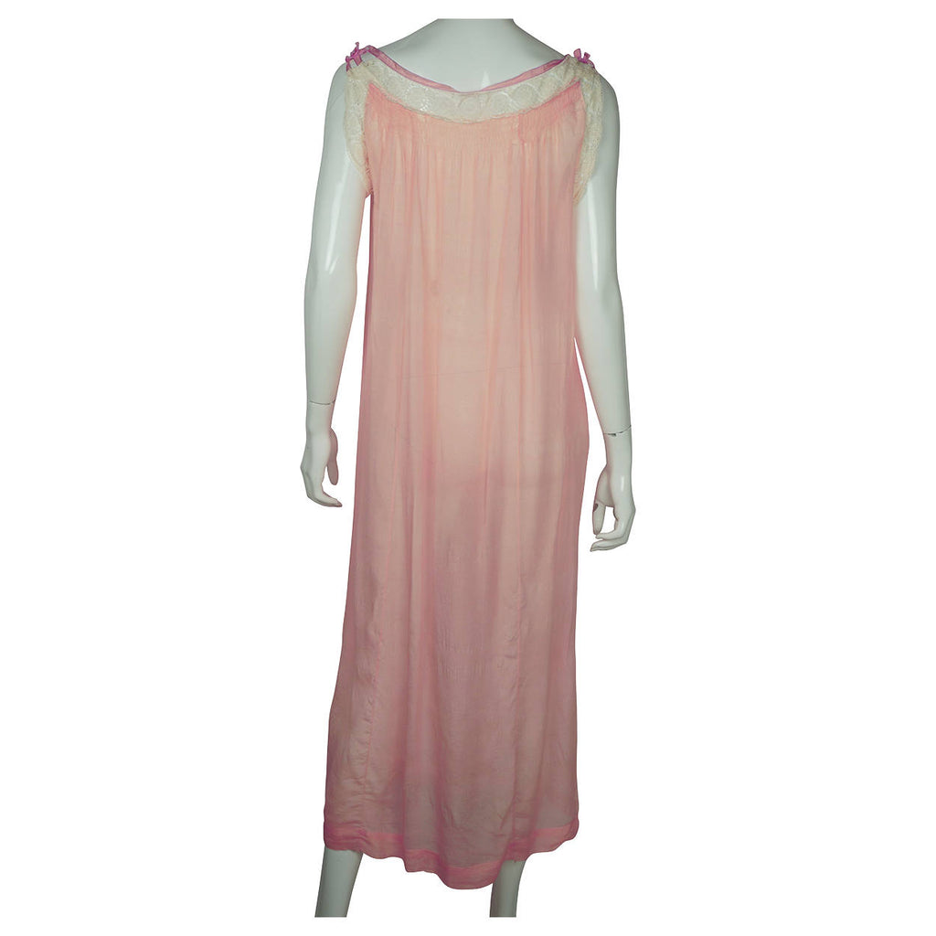 Vintage 1920s Pink Silk Chiffon Nightie with Lace Trim Nightgown - Poppy's Vintage Clothing