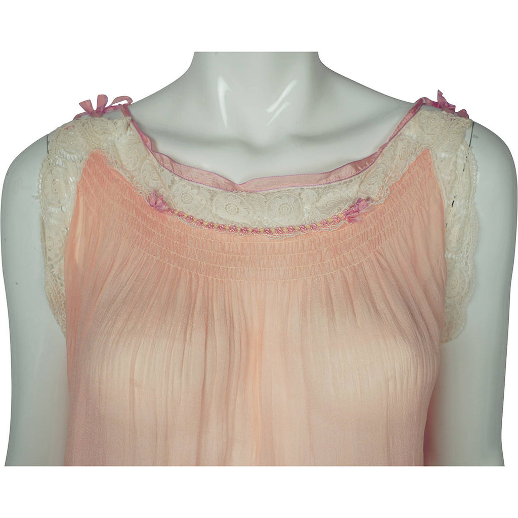 Vintage 1920s Pink Silk Chiffon Nightie with Lace Trim Nightgown - Poppy's Vintage Clothing