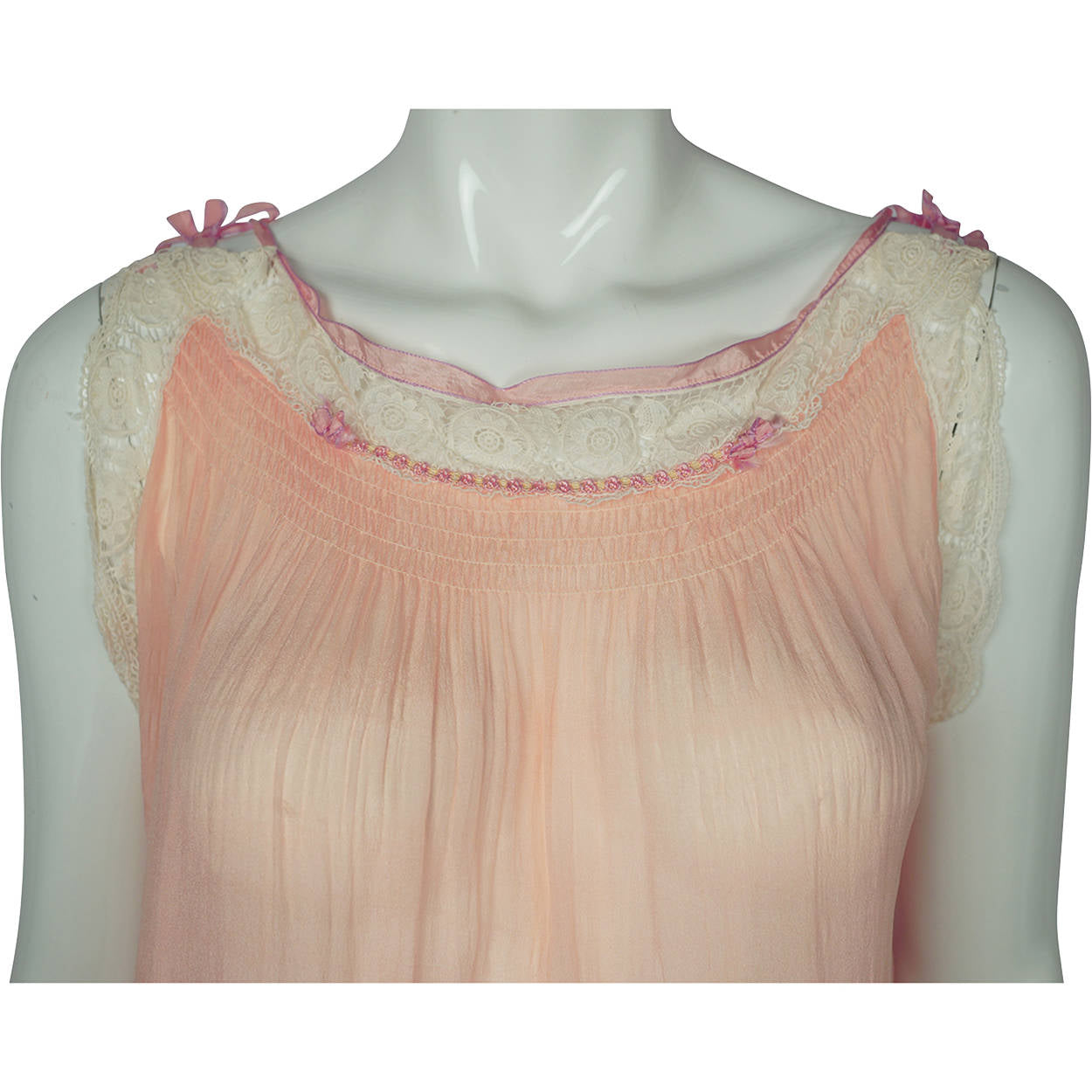 Vintage 1920s Pink Silk Chiffon Nightie with Lace Trim Nightgown - Poppy's Vintage Clothing