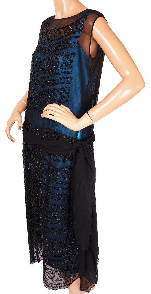 1920s Vintage Flapper Dress in Black Silk Chiffon - Beaded - Poppy's Vintage Clothing