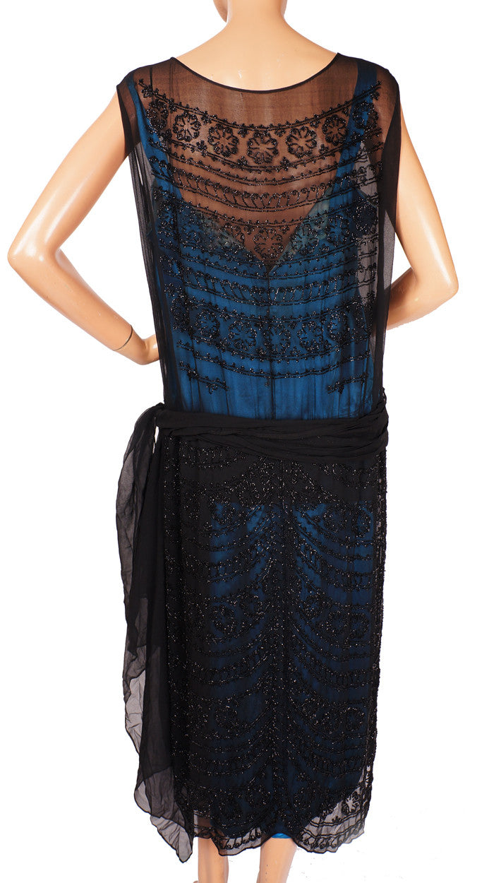1920s Vintage Flapper Dress in Black Silk Chiffon - Beaded - Poppy's Vintage Clothing