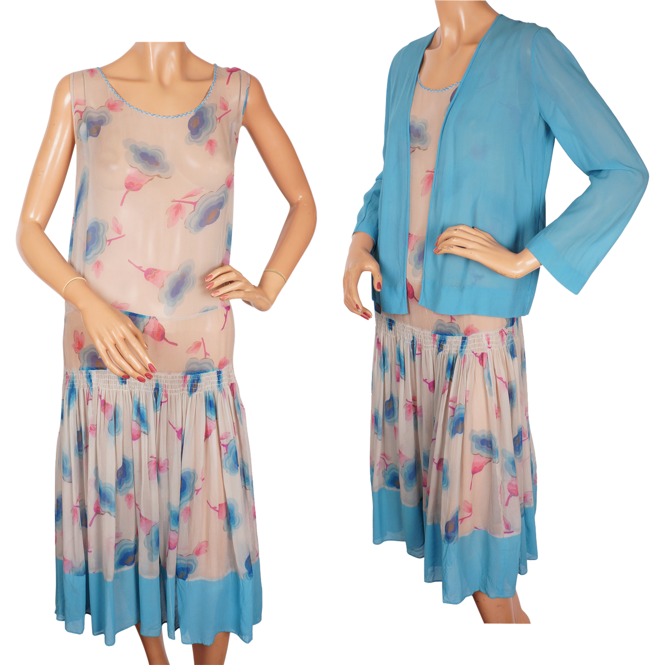 Vintage 1920s Art Deco Silk Chiffon Dress - Floral Print -  Size S - Poppy's Vintage Clothing