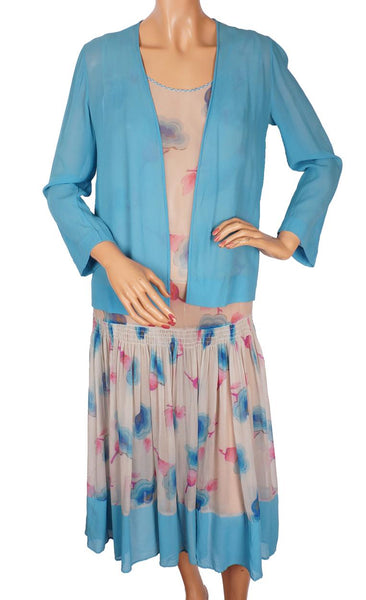 Vintage 1920s Art Deco Silk Chiffon Dress Floral Print Size S